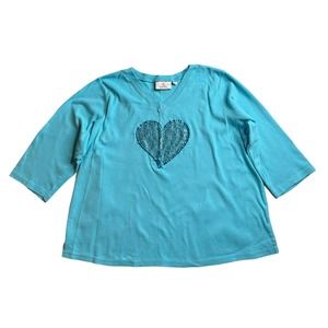 Womens Quacker Factory 3/4 Sleeve Zebra Heart Bling V-Neck Knit Top Aqua Size L